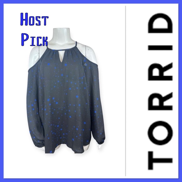 ⭐️ Host Pick ⭐️Torrid Georgette black top with blue stars size 3-3X/22-24 - Picture 1 of 14